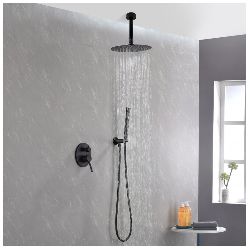 Système de douche de pluie noir mat au plafond avec tête ronde de 10 pouces, douchette et corps de valve brut inclus