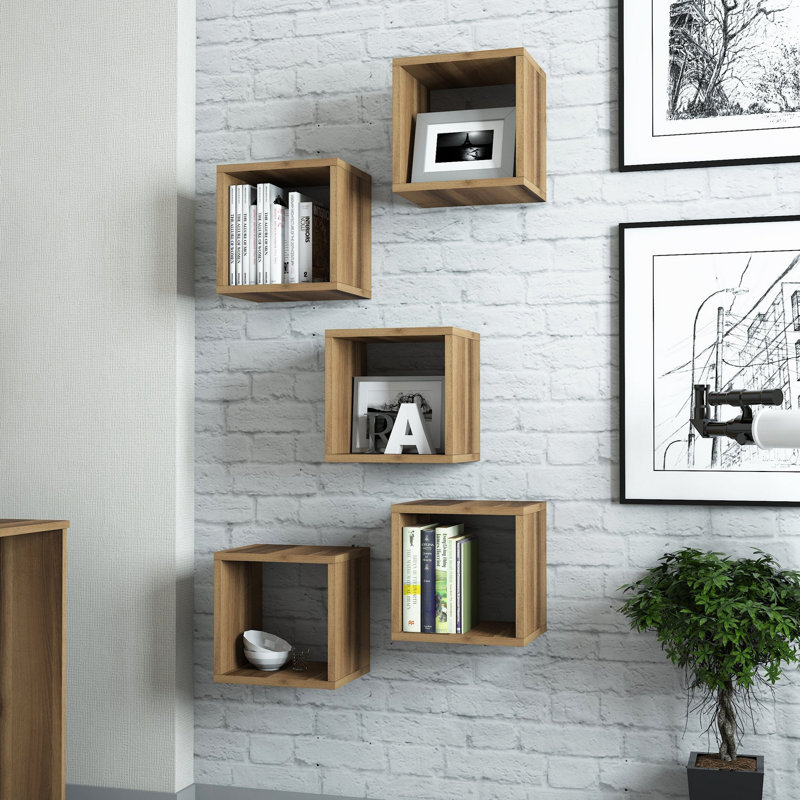 Modern Wall Shelf (5 Pieces), Walnut Color, 11.8 x 9.4 x 11.8 inches | 100% Melamine Coated Particle Board, Thickness: 0.7 inches | Versatile Design for Home & Office, Wall-Mountable, Stylish and Functional Storage Solution