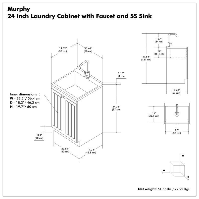 Évier de service et armoire à lessive 24 "avec facette arquée et évier en acier inoxydable Murphy, blanc Murphy