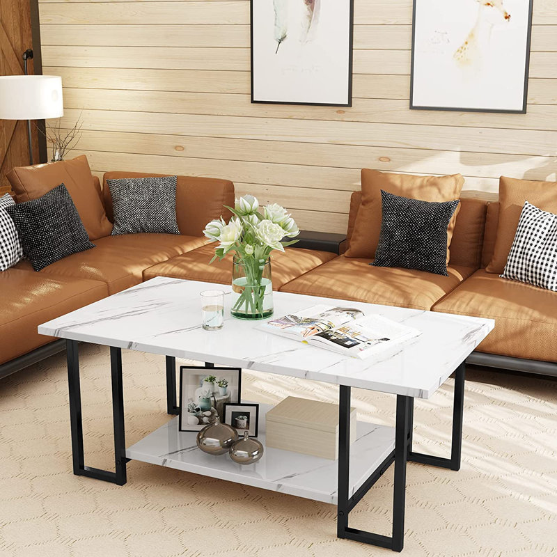 Marble Coffee Table, Faux Marble Top Rectangular Coffee Table With Metal Frame, 2 Tier Living Room Table For Living Room, Office, Balcony, 40 Inch