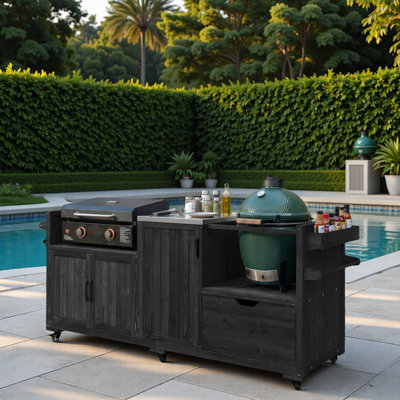 Îlot de cuisine extérieur avec plateau en acier inoxydable, table d'appoint réglable, tiroir, supports de rangement internes, support à épices, porte-serviettes en papier et 5 crochets en S