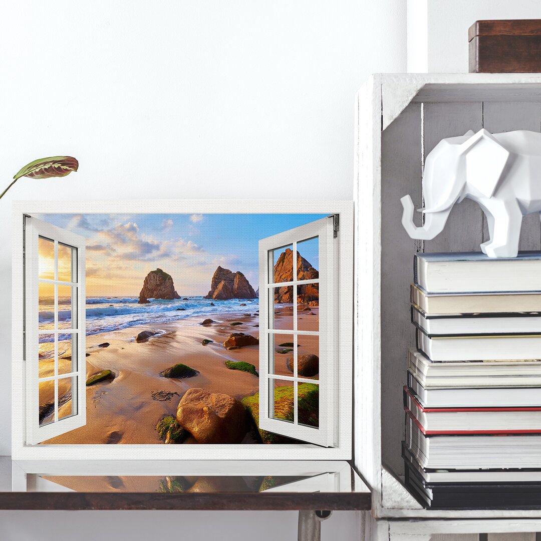 Leinwandbild Sea Beach With Rocks Window Xcm – Premium Leinwanddruck – Kunstdruck Auf Cm Holz-Keilrahmen Für Schlaf- Und...