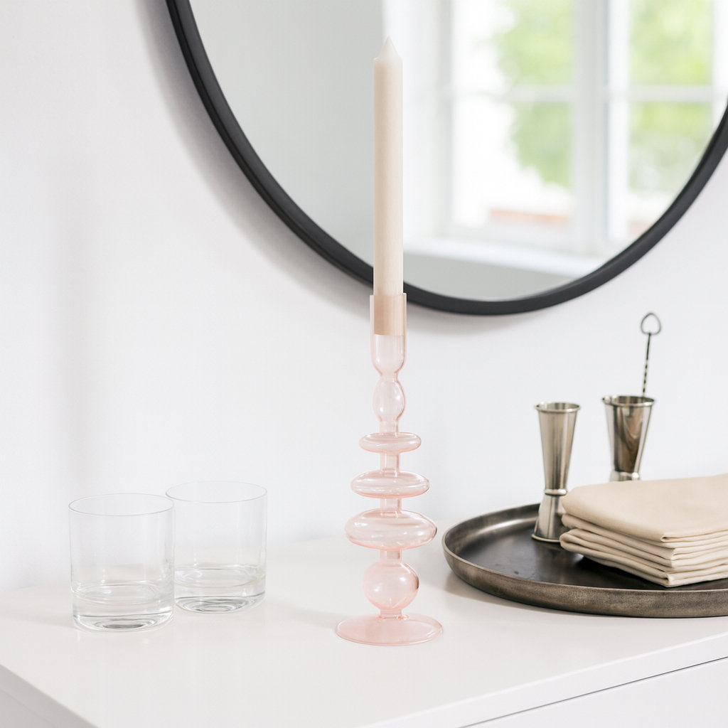 Rockleigh Glass Candlestick Holder, Pink, 11" H x 4" W x 4" D