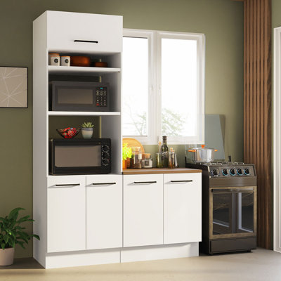 Hazel 2-Piece Kitchen Storage Set with 3 Doors 3 Shelves Pantry Cabinet and 2 Doors Base Cabinet 59 Inch Wooden Organization Units for Pantry - White