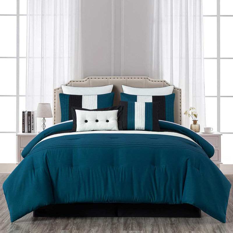 Loft 8-Piece Pleated Stripe Microfiber Comforter Set, Queen Comforter + 2 Standard Shams, Teal/Black/White