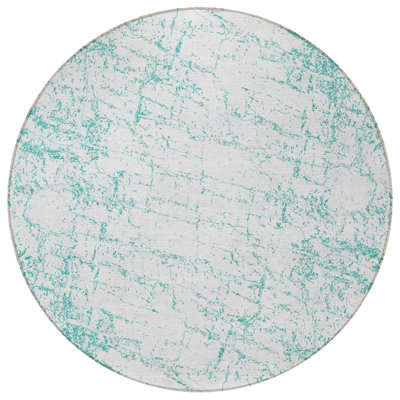 8' Teal Blue And Ivory Round Abstract Washable Indoor Outdoor Area Rug