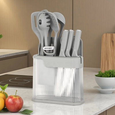 Ensemble de 17 couteaux et ustensiles de cuisine moderne avec bloc de rangement transparent et planche à découper