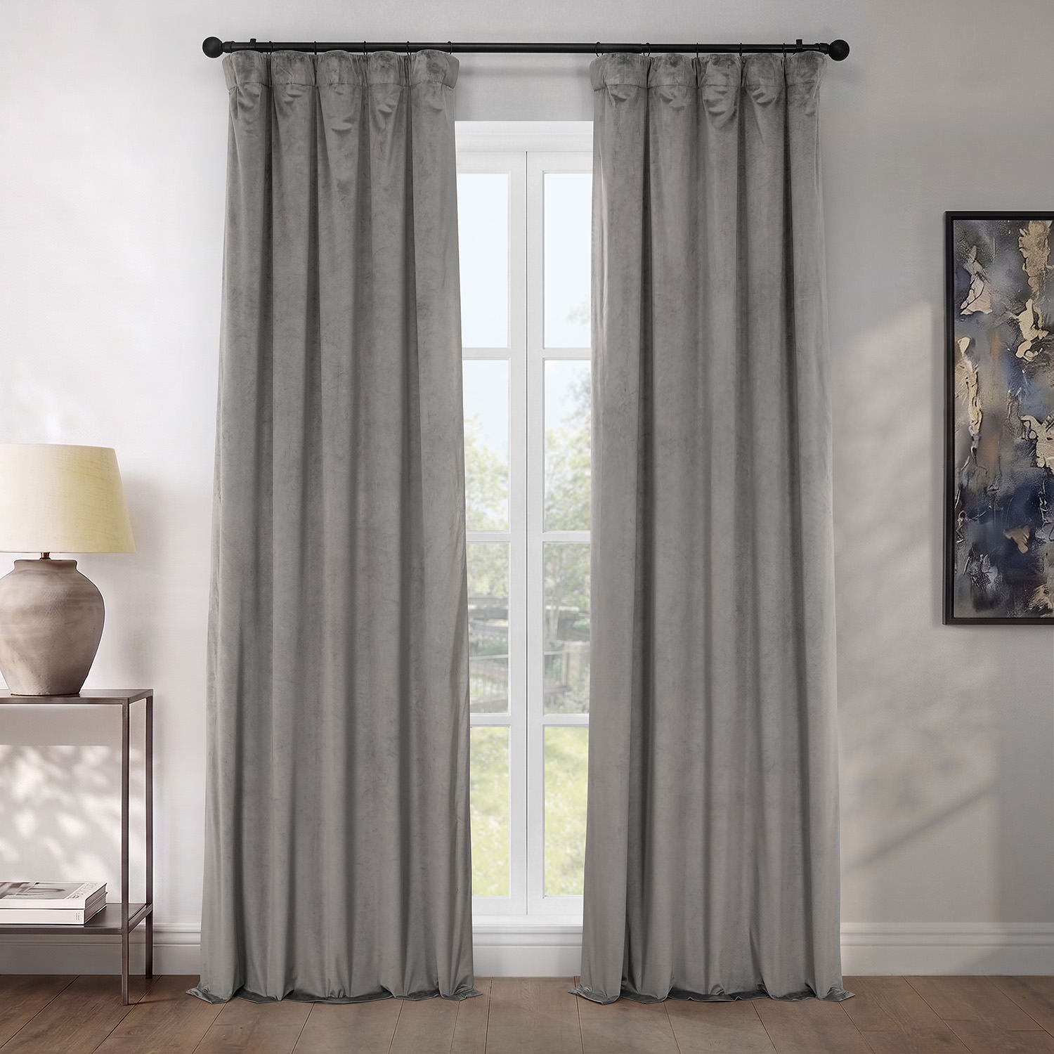 Matra Plush Velvet Room Darkening Curtain Panel, Destiny Gray, 50" W x 96" L