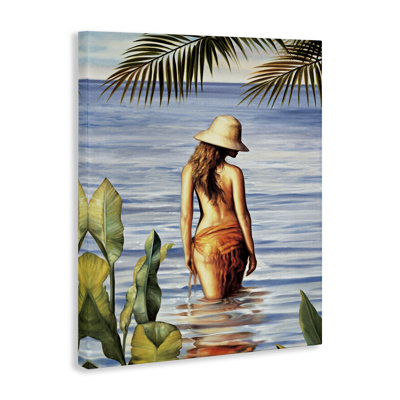 Woman Wading Beach Canvas Wall Art by Migdalia Arellano