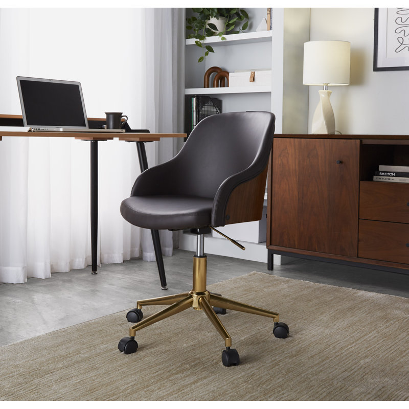 Chaise de bureau rembourrée en similicuir Hackler, Brun, Gold