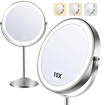 Lighted Makeup Mirror,1X/10X Magnifying Vanity Mirror With Light,Light Up Mirror,3 Colors Brightness Adjustable, 2-Sided, 8" Round,360° Rotation, Gift