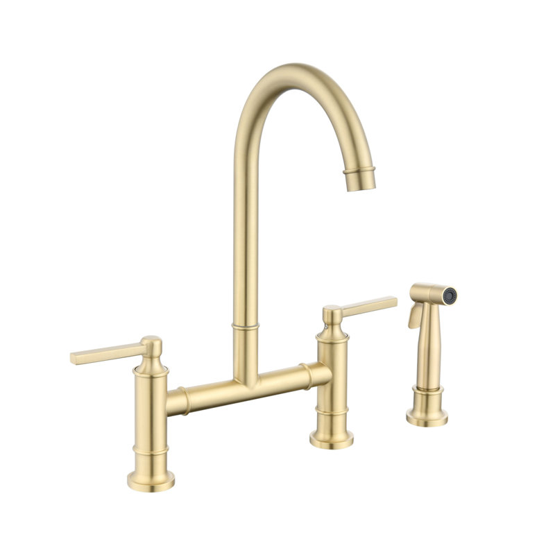 Brushed Gold Stainless Steel Double Handle Bridge Kitchen Faucet