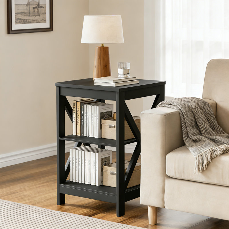 Table de bout haute 23,6 po avec tablettes de rangement ouvertes, H 23,6 po x l 15,8 po x P 15,8 po (ensemble de 2), Noir, 2