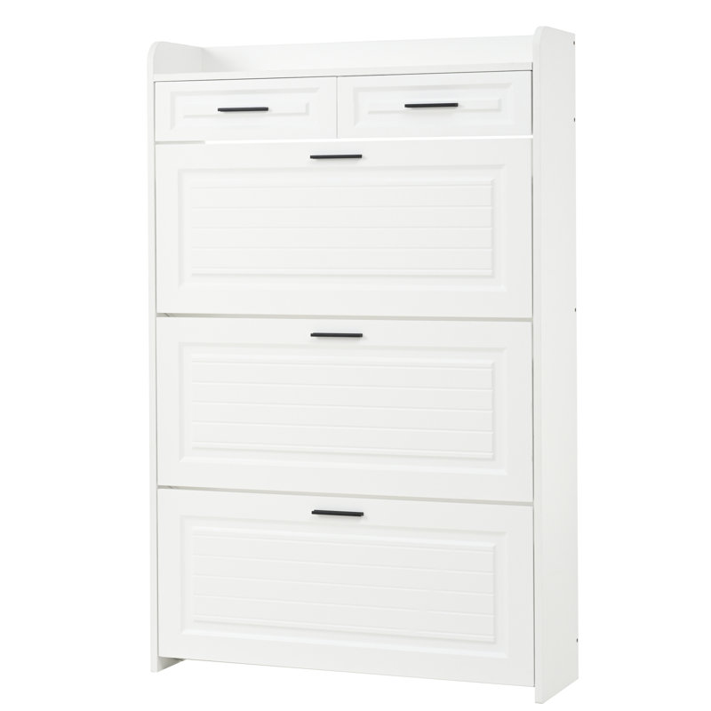 Deux tiroirs, trois portes pliantes, grande armoire à chaussures de rangement, blanc, Blanc