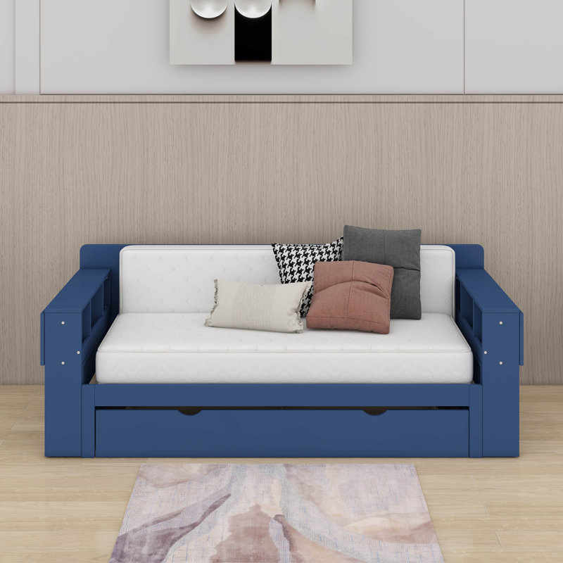 Grand lit de jour avec bureau, tiroirs de rangement et table d'appoint hydraulique, Bleu, Grand lit