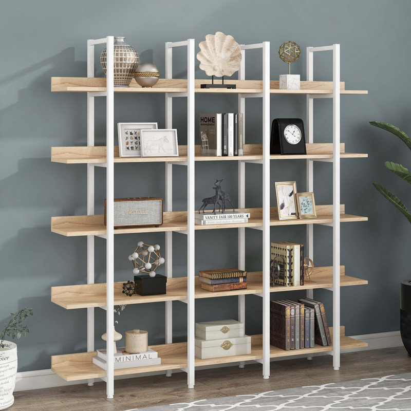 Bibliothèque à 5 niveaux avec bureau ouvert, tablette de style industriel rétro avec structure en métal, Blanc et chêne
