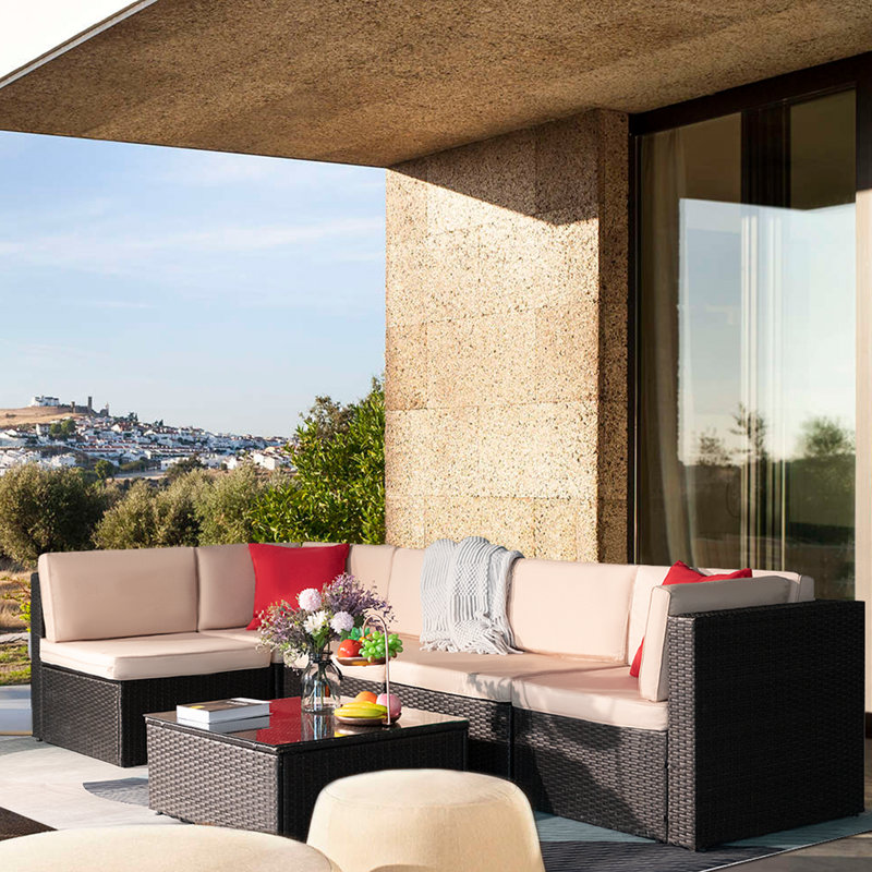 Ensemble de conversation modulaire en rotin 6 pièces avec coussins Ellison, Rouge / Beige