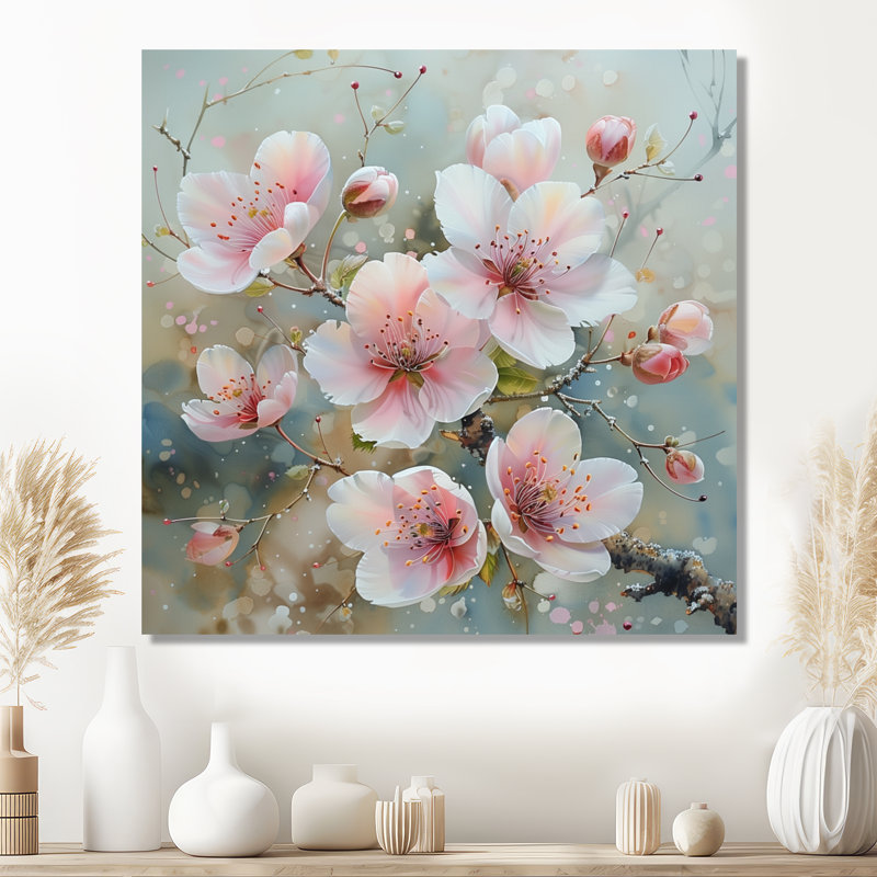Décoration florale de cerisier rose rose et gris II, Toile tendue, 16" H x 16" W