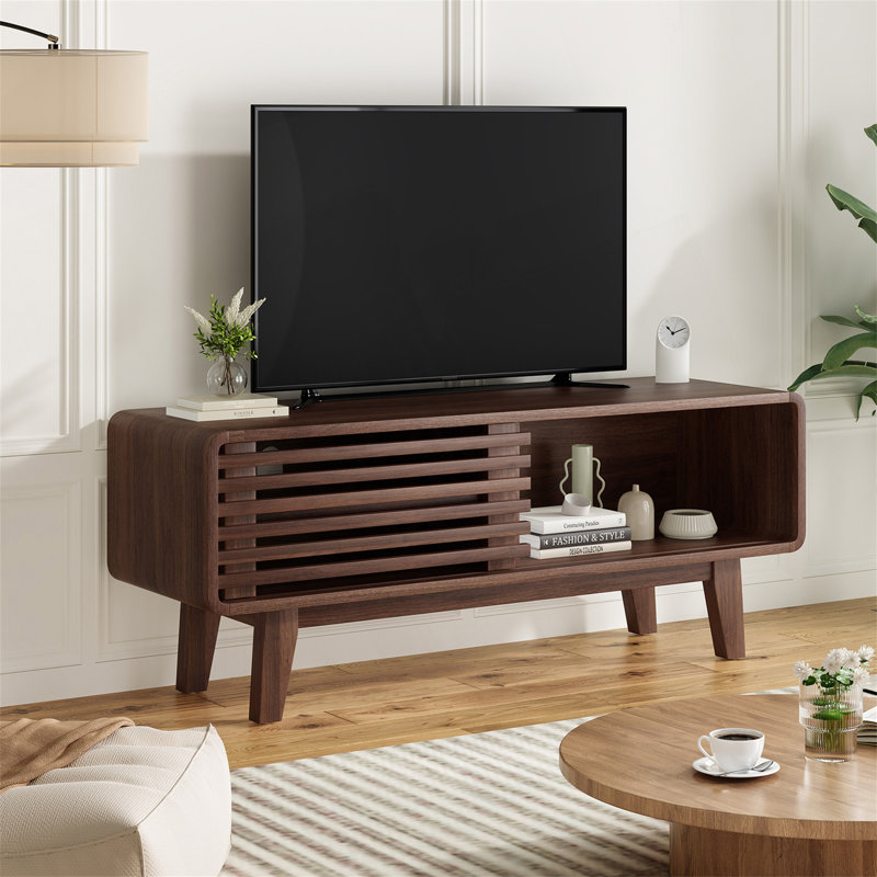 Meuble télé Mid-Modern Century pour téléviseur de 59 po ou moins avec porte coulissante et armoire de rangement, idéal pour le salon et la chambre à coucher