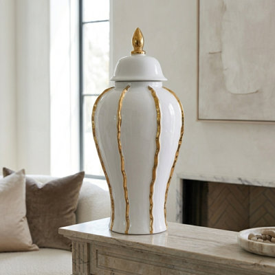 Gingell Handmade White Ceramic Ginger Jar with Gold Ribbed Detailing (3 Sizes)