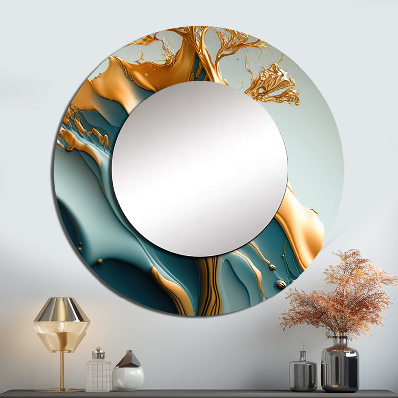 Oseas abstrait bleu et feuilles dorées III - miroir mural unique à feuilles, miroir rond bleu, impression d'art en métal