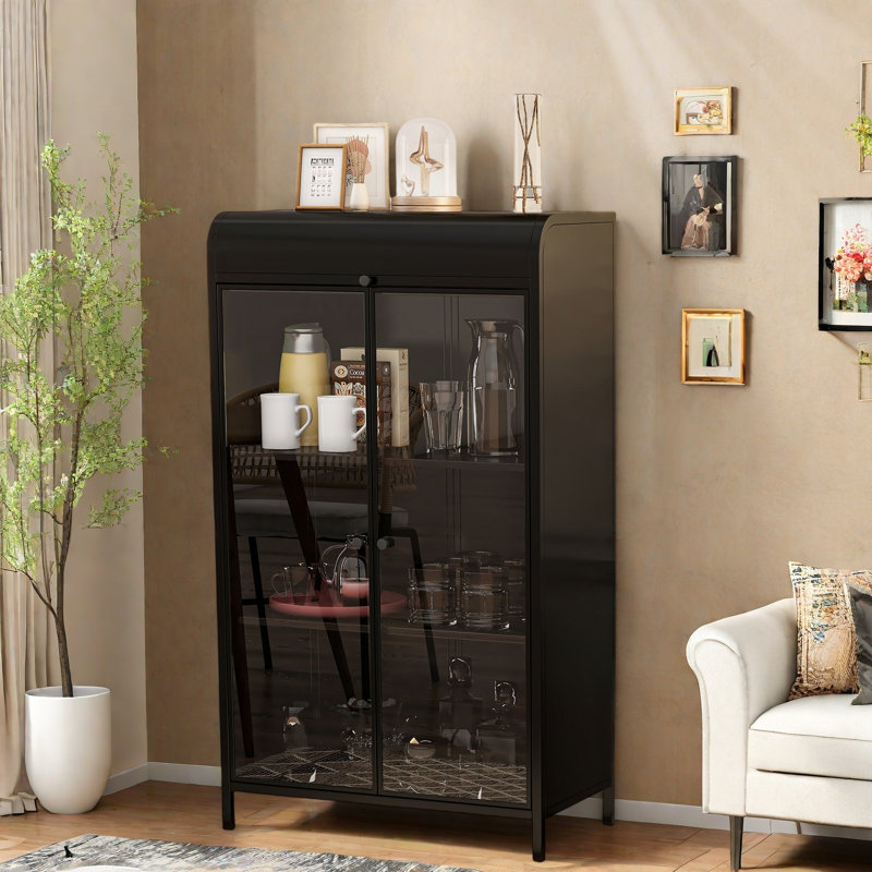 Tall Metal Sideboard With Glass Doors & Flip-top, 4-tier Design, Durable Steel Frame And Arched Top