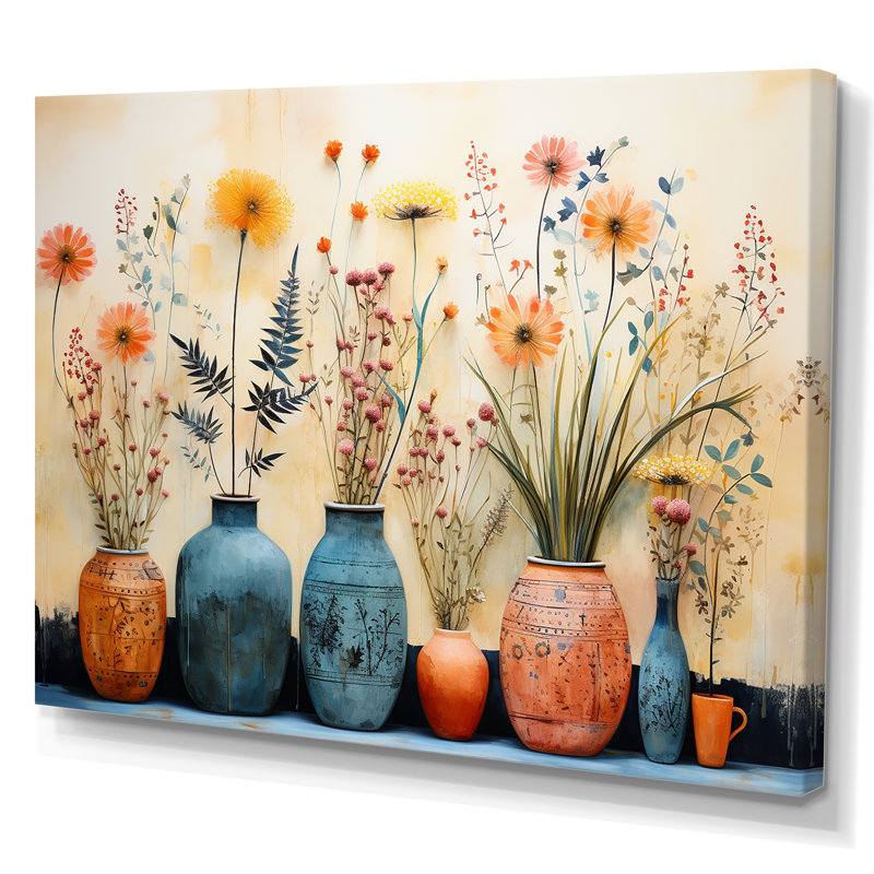 «Blue Floral Watercolor Pottery IV - Boho Pottery», art mural, H 34 po x l 44 po x P 1,5 po, Toile tendue