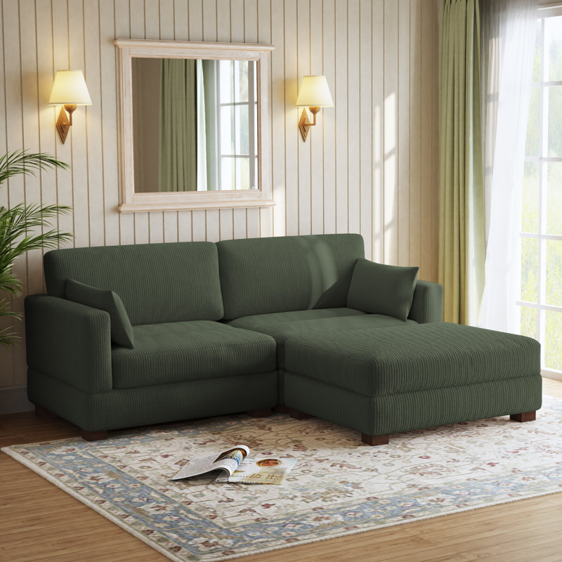 Maelina 3 - Piece Upholstered Green Corduroy Modular Sectional Sofa with Pillow Back and Removable Ottoman, Green Corduroy