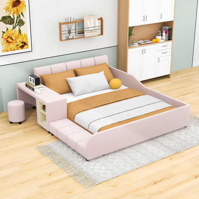 Lit plateforme en velours avec bureau Wakeeny, Grand, Rose