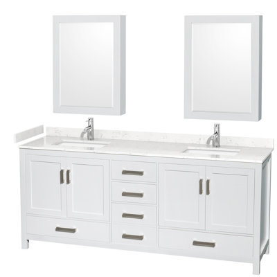 Meuble-lavabo double autoportant avec plateau en marbre de culture et armoires à pharmacie 80 po Sheffield