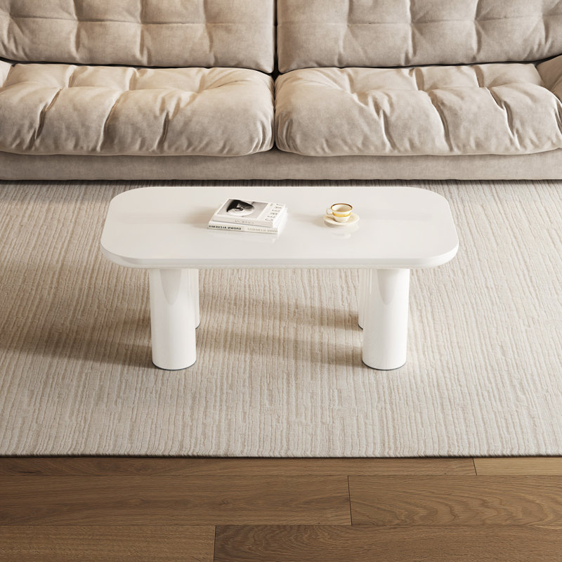 95 cm Cream White Rounded Rectangular Coffee Table, 4-Leg Modern Centre Table for Living Room