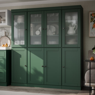 100% Solid Wood Kitchen Pantry Cabinet, Tall Freestanding Modular Storage With Frosted Glass & Shaker Doors, Adjustable Shelves, 65" W X 71.5" H