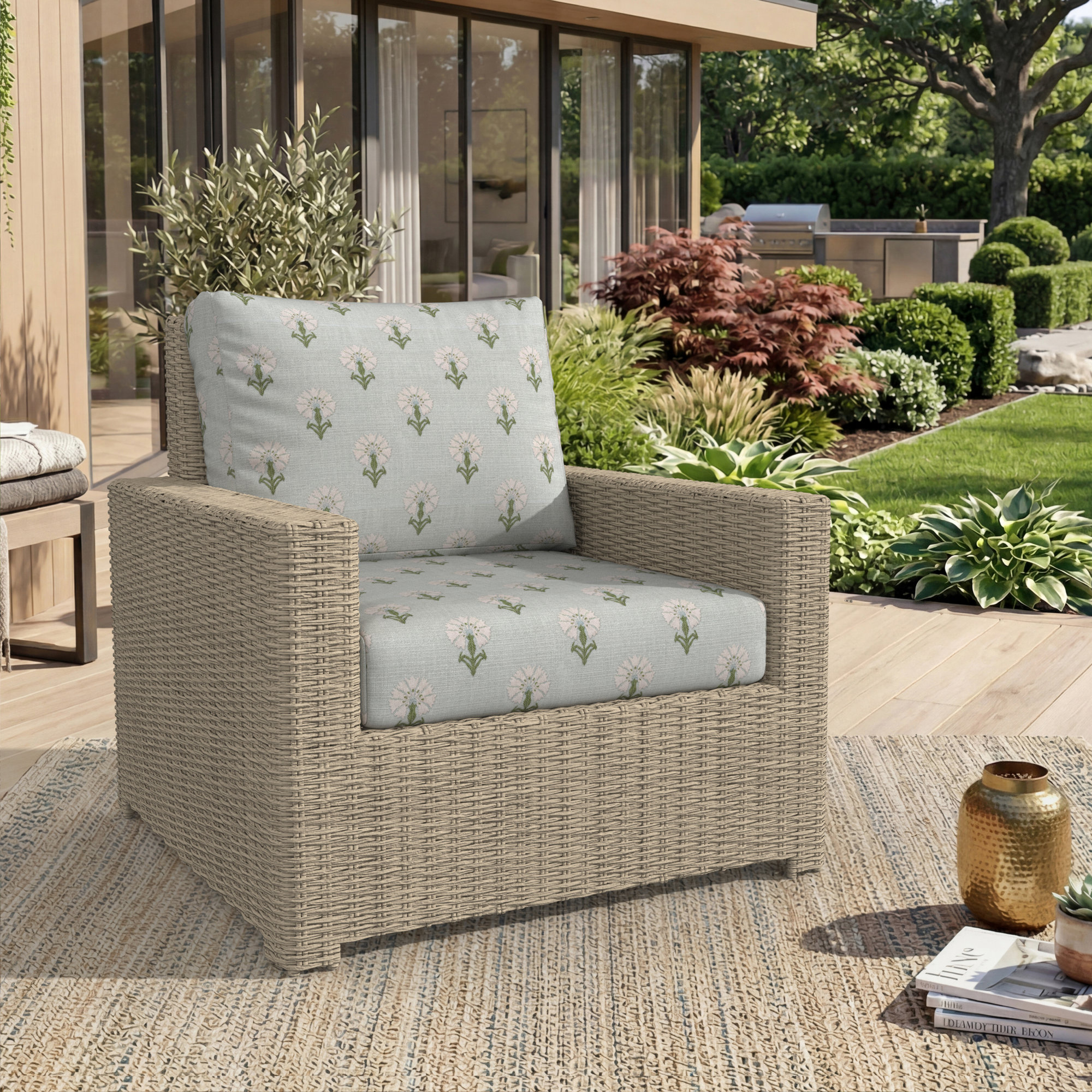 Amala Floral Block Print Outdoor Sunbrella® Seat/Back Cushion, Mira Celeste