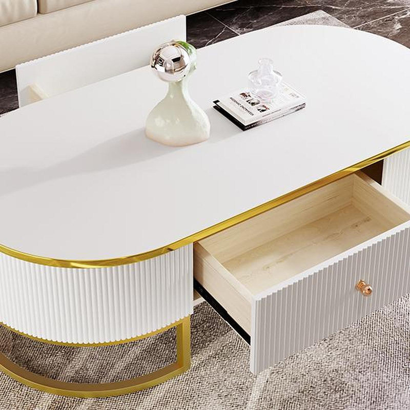 Table basse moderne ovale avec tiroirs, conception à profil incurvé, décor en métal doré, table centrale pour le salon