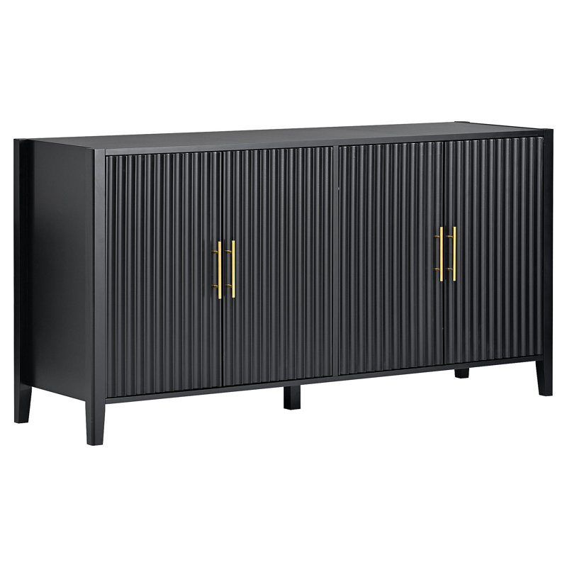 Buffet à lattes ondulées verticales 63,1 po à 4 portes verticales, armoire de rangement au design élégant, pieds en bois massif avec poignées peintes en métal, pour la salle à manger, le salon, la cuisine ou le vestibule (noir)