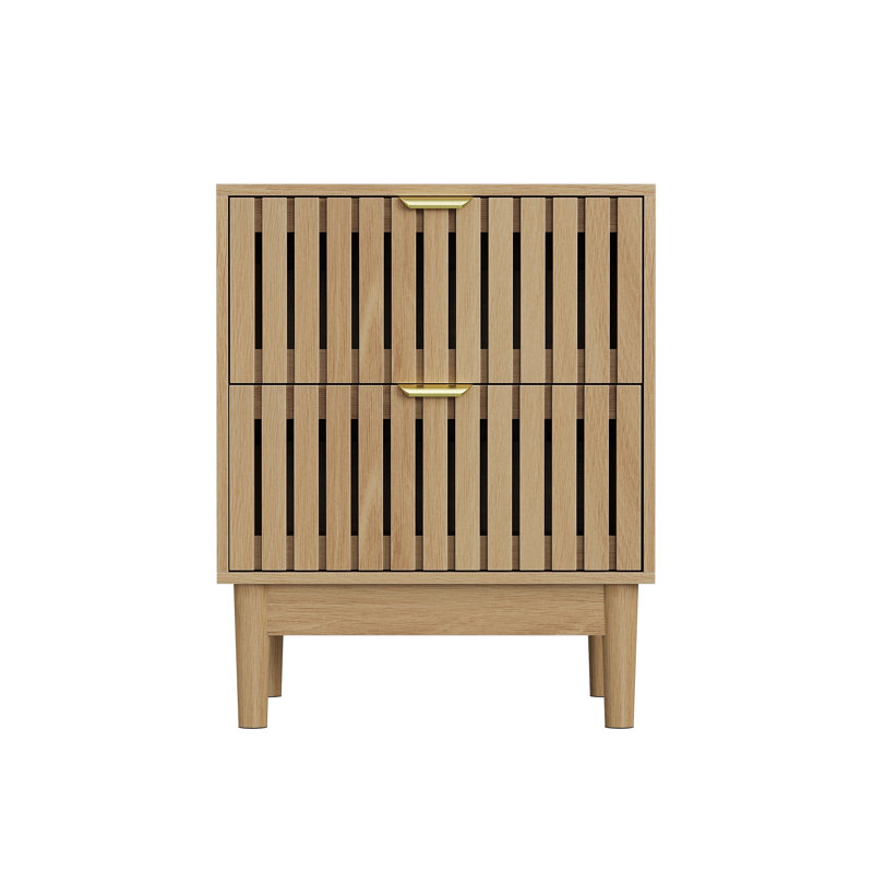 Mid-Modern Style Oak Bedside Table With Grille Design And Two Drawers. Suitable For Bedrooms, Hallways, And Living Rooms. Wooden Side Table, Two-Piece Set