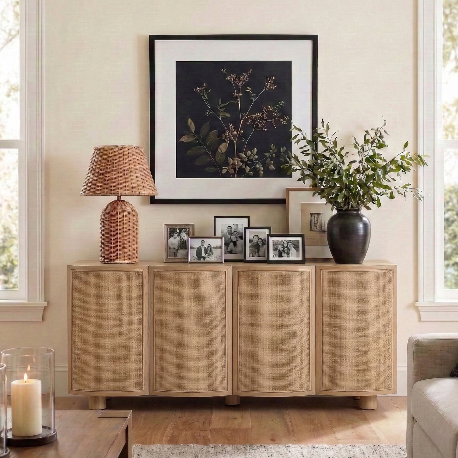Solid Wood and Cane Sideboard, Natural