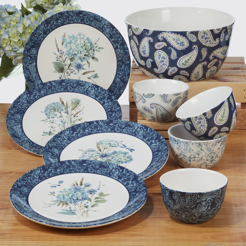 Bohemian Blue Floral Ceramic 16-Piece Dinnerware Set, Service for 4