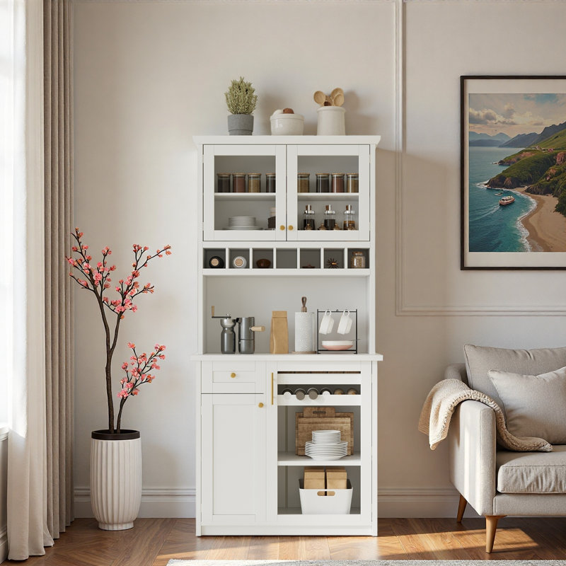 Armoire de cuisine autoportante avec tiroir, support à vin, tablettes réglables et portes en verre trempé, Blanc