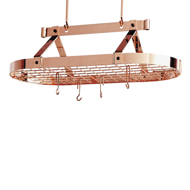 Handcrafted French Oval Ceiling Pot Rack, 22" H x 48" W x 17" D, Hammered Steel