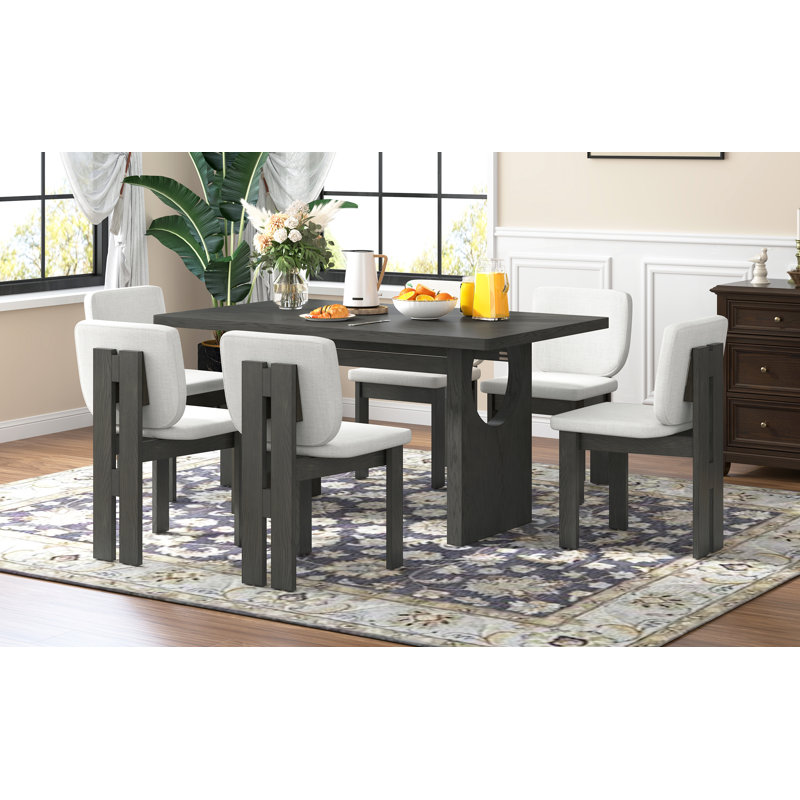 Ensemble de salle à manger 7 pièces avec table à tréteaux Kamanda et 6 chaises rembourrées Kamanda, Gris