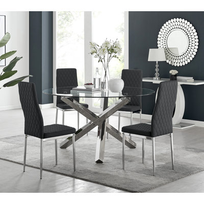 Vogo Modern Design Chrome and Glass Dining Table Set with 4 Quilted Faux Leather Dining Chairs