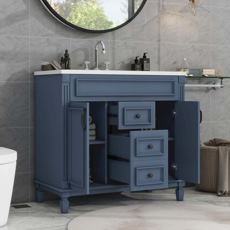 35.9'' Single Bathroom Vanity with Ceramic Top, Blue