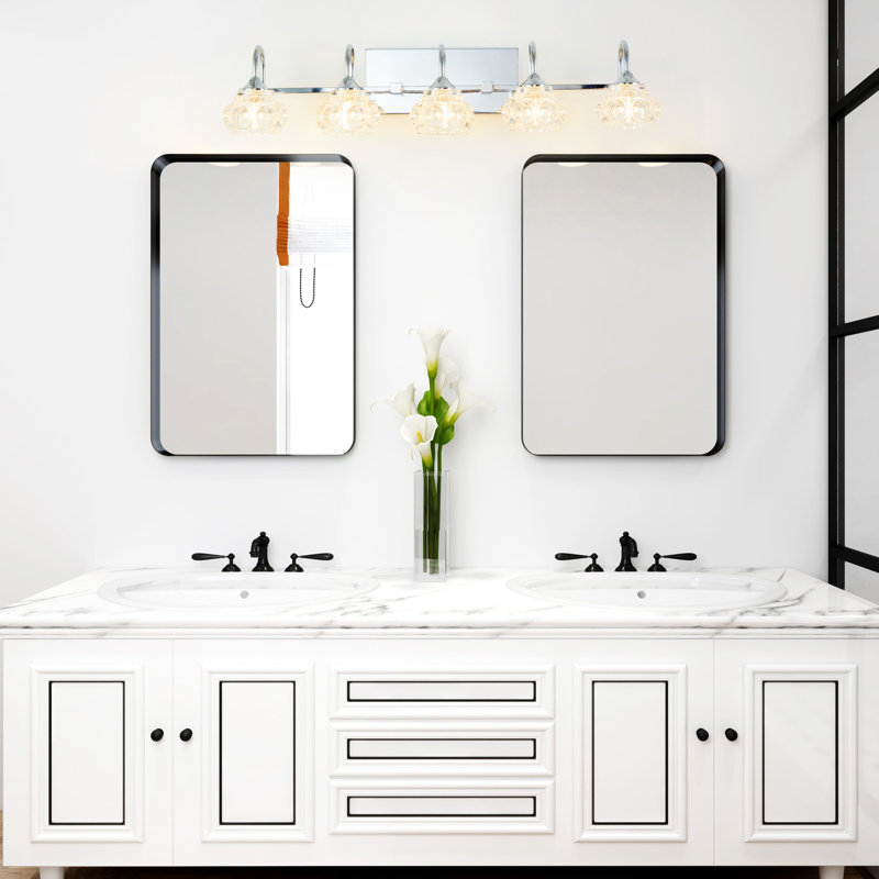 Luminaire de meuble-lavabo rétro 5 lumières 29 "avec abat-jour en cristal, Nickel brossé