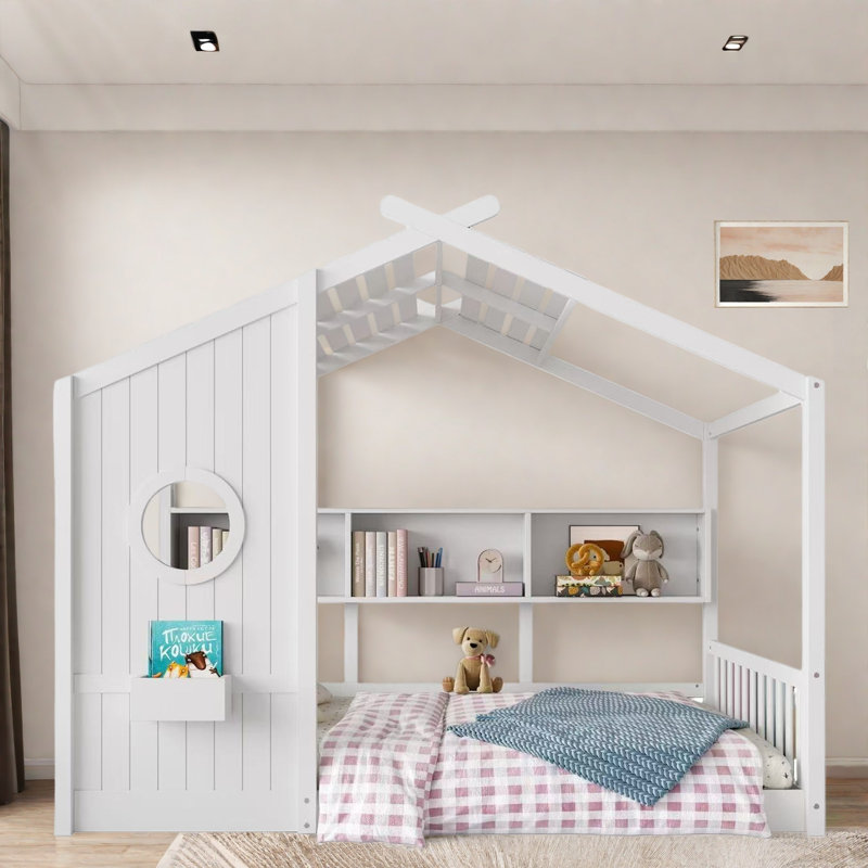 Lit sur pied avec tablettes de rangement, Lit double, Blanc