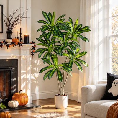 5-Foot Tall Artificial Dracaena Tree with White Planter Pot, UV-Resistant Lifelike Faux Floor Plant with Striped Leaves for Living Room, Bedroom, Office & Indoor Outdoor Home Decor, Gifts for Halloween, Gifts for Christmas, Gifts for Thanksgiving