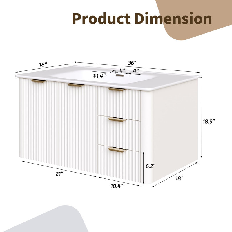 Ensemble de meuble-lavabo moderne avec lavabo Mid-Century, Blanc, 36"