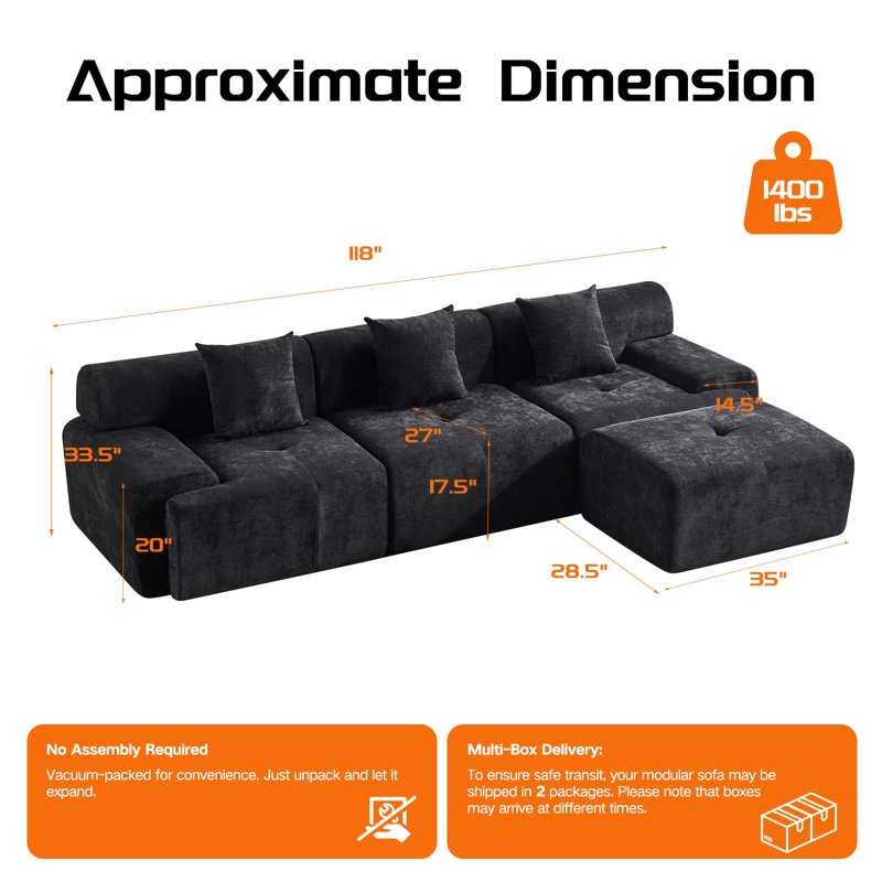 120" W Boneless 3 Seater L-shaped Chenille Boneless Modular Sectional Sofa with Ottoman, Black Chenille