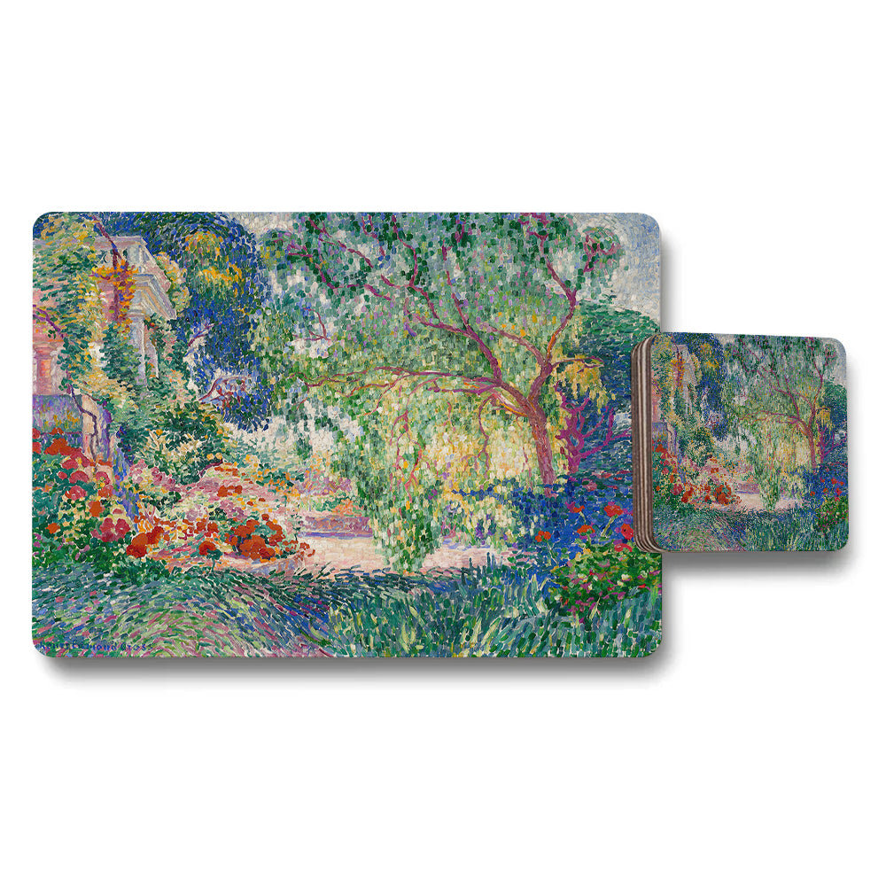 Impressionist Garden Placemat and Coaster Set with Floral Artwork