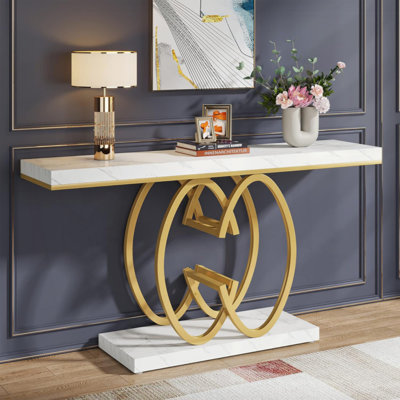 Console 55 po en faux marbre, table d'entrée géométrique dorée, canapé d'appoint moderne et étroit pour le salon, le couloir, le vestibule